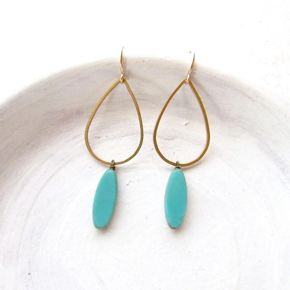 Turquoise Earrings Gold / Boho Earrings Brass / Modern