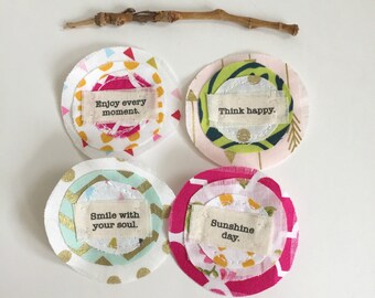 Fabric Scrap sewn Word Flowers, Fabric Affirmation Inspiration word patch, Scrapbook Flowers, Embellishments, Fabric craft word flowers,Q= 4