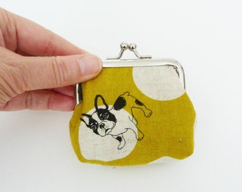 Coin purse, Boston Terrier fabric, French Bulldog fabric, mustard yellow and cream, cotton purse