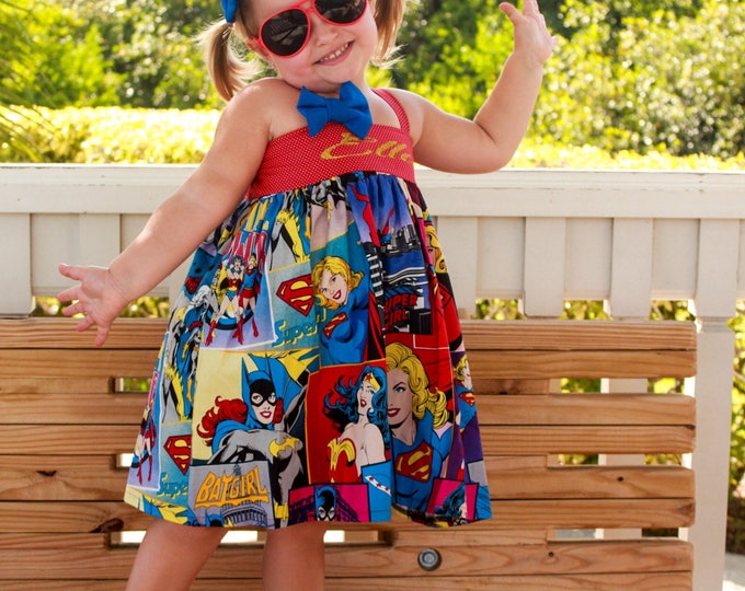 Girls Superhero Party - Wonder Woman - SuperGirl - BatGirl - Personalized Dress - Glitter Top - Sparkle - Toddler Clothes - 6 mo to 8 yrs