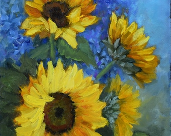 Small Sunflower With Blue Floral Background Still Life Original Canvas Painting by Cheri Wollenberg