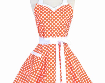 Sweetheart Pinup Womans Apron - Tangerine Orange and White Polka Dot Vintage Inspired Flirty Retro Kitchen Apron with Pocket (DP)