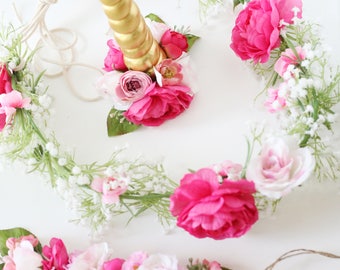 shades of pink gold unicorn horn flower crown halo and floral necklace for horse pony accessory photography prop