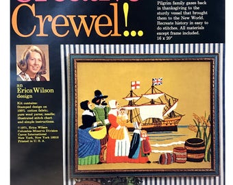 Vintage Mayflower Landing Crewel Embroidery Kit 1971 Columbia Minerva Creative Erica Wilson Historical First Thanksgiving DIY Needlework