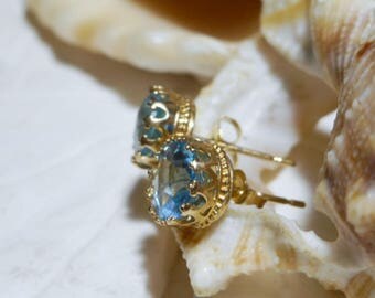 10k Yellow Gold Swiss Blue Topaz Stud Earrings 1.15g 1.70ctw
