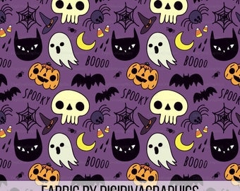 Spooky Halloween Fabric By The Yard - Ghosts Black Cats, Skeletons, Jack-O-Lanterns, Spiders and More Print in Yard & Fat Quarter
