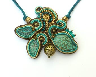 Green Leaves Necklace, Soutache Necklace, Green Soutache, Brown Soutache, Soutache Pendant, Statement, Brown, Bronze, Teal Green, Beige, Bib