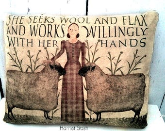 Primitive Sheep Pillow | Folk Art Sheep Pillow | Primitive sheep decor | She Works Willingly With Her Hands | Folk Art Sheep Pillow