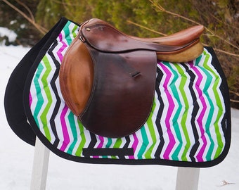 Ready to Ship Saddle Pad - Black, Purple, Green, and Emerald Zig Zag Close Contact/All Purpose/English Saddle Pad - Chevron // Lime