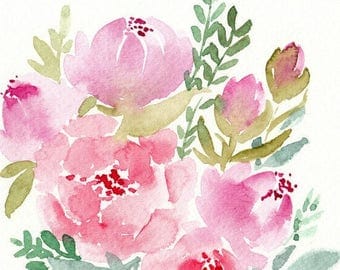 Pink Watercolor Florals, original watercolor painting, 5x7, flower painting, watercolor flowers, floral art, home decor, floral wedding art