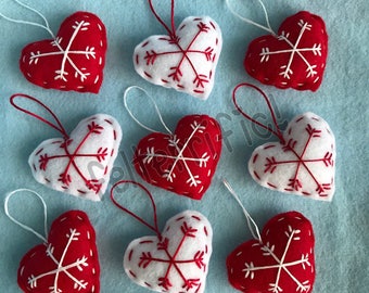 1 Dozen Handmade Felt Mini Heart Snowflake Ornaments