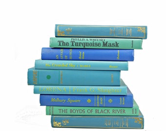 BLue Green Ocean Books, Decorative Books, Rustic Book stack, Antique BOoks Set, Book Decor, Farmhouse CHic, Old Book Collection