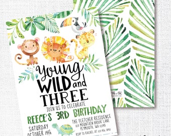 Wild Jungle Birthday Party Invitation, Printable, Young Wild and Three Invite, 3rd, Topical, Palm, Lion, Monkey, Turtle, Animals, Safari