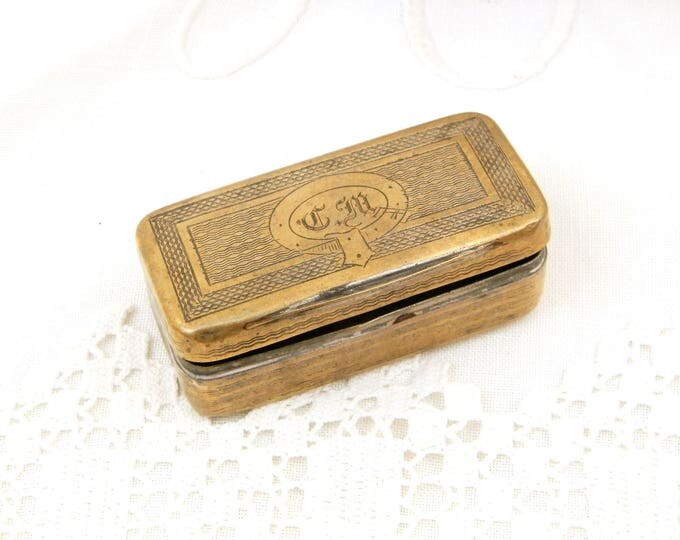 Antique French Victorian Rectangular Small Brass Box Engraved with the Monograms CM, Metal Snuff Box with Initials CM From France, Retro Tin