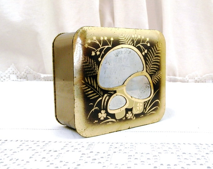 Vintage Mid Century Metal Tin with Inlaid Mushroom Pattern in Bronze, Gold and Silver Colors, French Decorative Metal Box and Fungi Motifs
