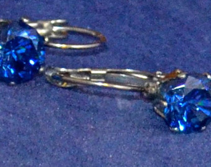 Blue Zircon Leverback Earrings, 8mm Round, Natural, Set in Stainless Steel E1063