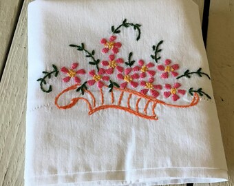 Vintage Stitched Pillowcase Standard Basket of Pink Flowers Design Vintage Bedding Linen Shabby Chic Bedding Pillow Cover by picadillymarket