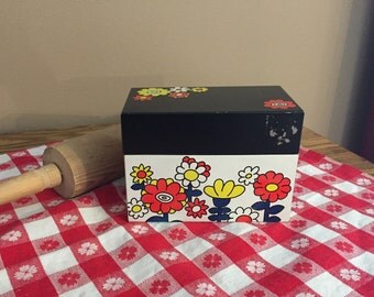 Vintage Metal Recipe Box, Black White Red Flowers, 1960's Cottage Farmhouse Kitchen, Ohio Art Bryan Ohio File Box