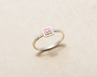 Promise Ring, Delicate Ring, Pink Opal ring, Square Opal ring, Dainty ring, Thin Silver ring, Hammered Silver ring, Textured ring, Pink ring