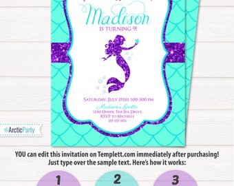 Mermaid Invitations - Mermaid Party Invitation - Mermaid Birthday Invitations - INSTANT ACCESS - Edit at home NOW with Templett.com