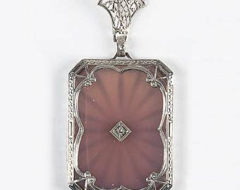 Antique Art Deco 10K White Gold Diamond Camphor Glass Filigree Pendant