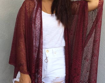 Lace Beach Kimono, Burgundy Boho Kimono, Long Fringed Kimono, Oversize Cardigan, Swimsuit Cover Up, Sheer Cover Up, Beach Poncho, WomenTop