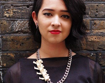 Real bone jewelry fox taxidermy vertebrae gold plated curb chain funky retro vintage abstract necklace