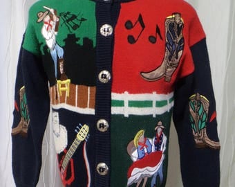Vintage Country Western Sweater, Tex-Mex Music Sweater (Women's Small? Medium?), Spanish Music, Western Dancers, Fiddler, Cowboy Boots,