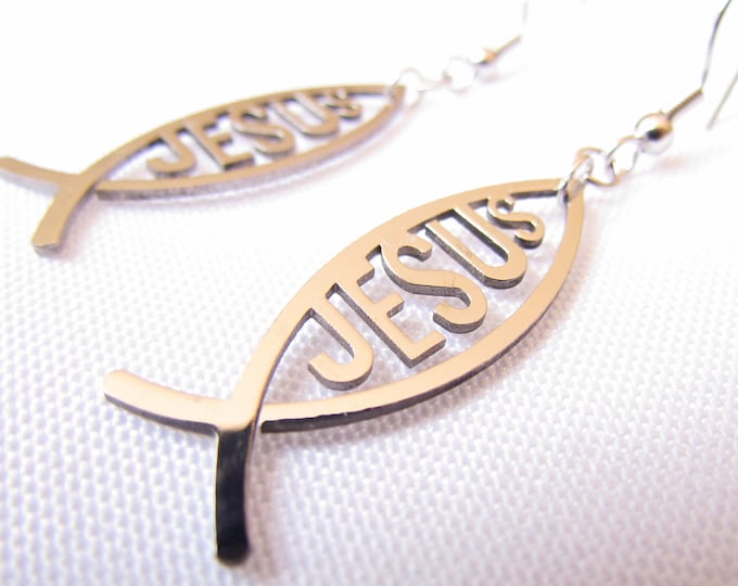 High Gloss Hand Polished Silver Jesus Fish Cut Out Earrings Necklace Stainless Steel Ichthus Ichthys ΙΧΘΥΣ Greek - Saint Michaels Jewelry
