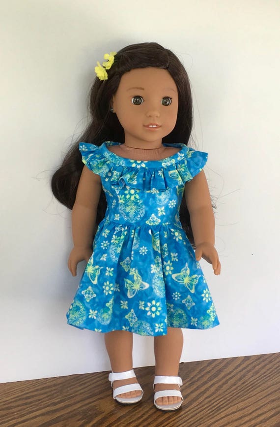 18 doll blue green and white butterfly print dress with