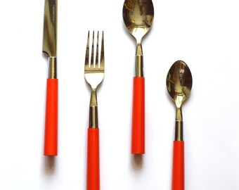 Vintage Red and Silver Edelstahl Rostfrei Cutlery / Set of 33 Red Flatware / 1970's Red Bakelite Silverware / Modern Design Flatware Set