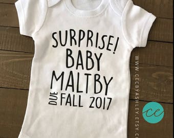 Pregnancy announcement baby reveal Coming Soon Onesie Pregnancy Due Date Personalized Onesie Custom Last name We're having a baby baby