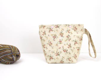 Flower knitting project bag, small floral storage bag with snaps, crochet project bag