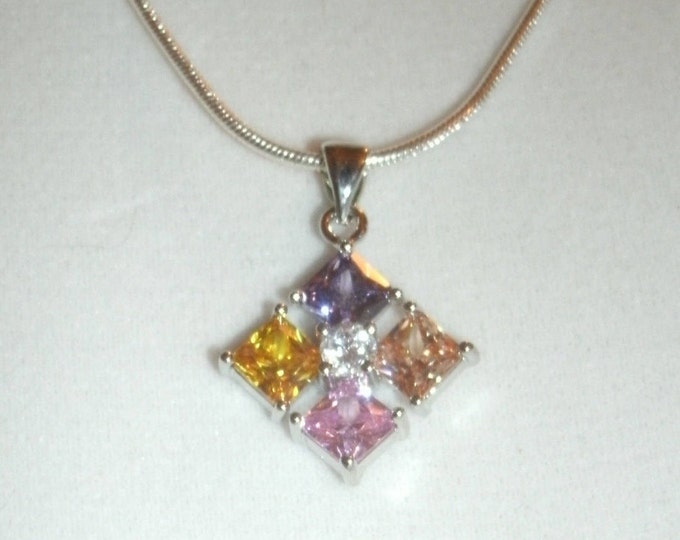 Multi stone Diamond Shaped sparkly pendant necklace, feminine and simple, 4 cubics, 925 Sterling Silver plated, gift for her, pretty colors