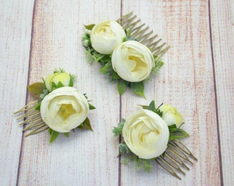 Gift/for/bride Ivory flower comb Set of combs Wedding comb Bridal hair comb Wedding hair piece Bridal headpiece Ivory hair comb Ranunculus