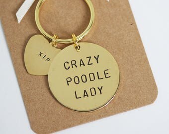 Crazy Poodle Lady Hand stamped Keyring, Personalised with dogs name(s)