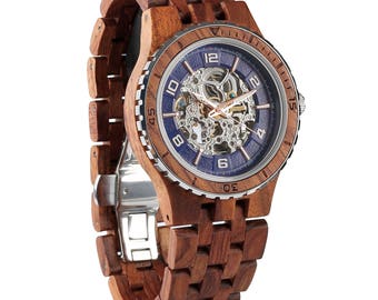2017 Newest Premium Automatic Wooden Wrist Watch For Men, Natural Handcrafted Gift Idea for Him, Band Adjustment Tool Included, Kosso
