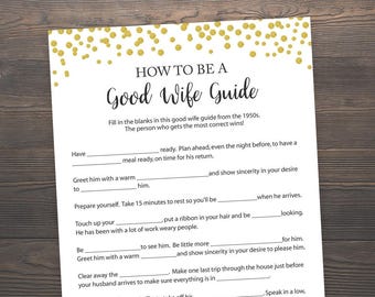 How to be a good wife guide, Bridal Shower Games Printable, Good Wife Guide, 1950s Good Wife Game, Gold Bridal Shower, Gold Confetti, GCB3