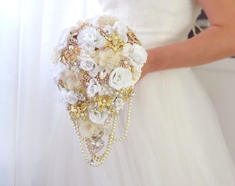 Bridal Bouquet White Roses Wedding Bouquet Teardrop Bouquet Cascading Bouquet Silk Bouquet Ivory Bouquet Unique Bouquet Gold Brooch Bouquet