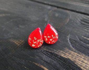 Red earrings teardrop earring wife gift halloween jewelry vampire earrings bloody drops red gold stud earrings goth jewelry red stud earring