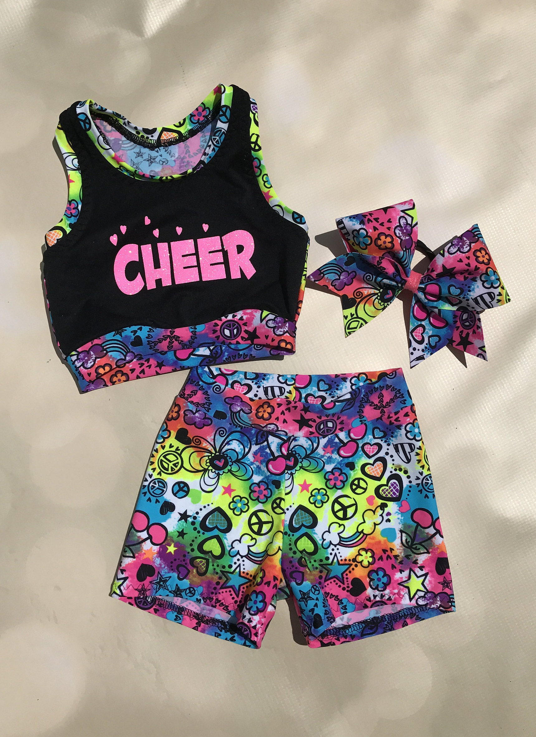 Girls Dancewear Love Cheer Dance Sports Bra Shorts and