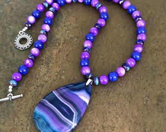 Purple Mother-Of-Pearl Shells and Blue Quartz Necklace