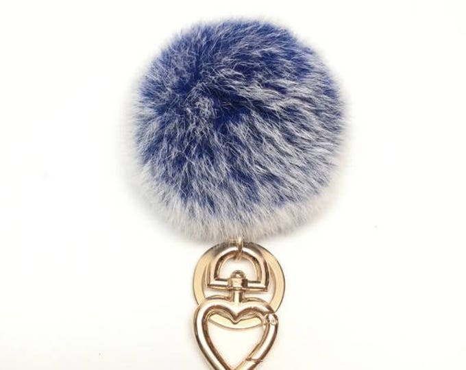 Heart Fur Pompom Keychain Rabbit Fur Ball Bag Charm Blue Frost
