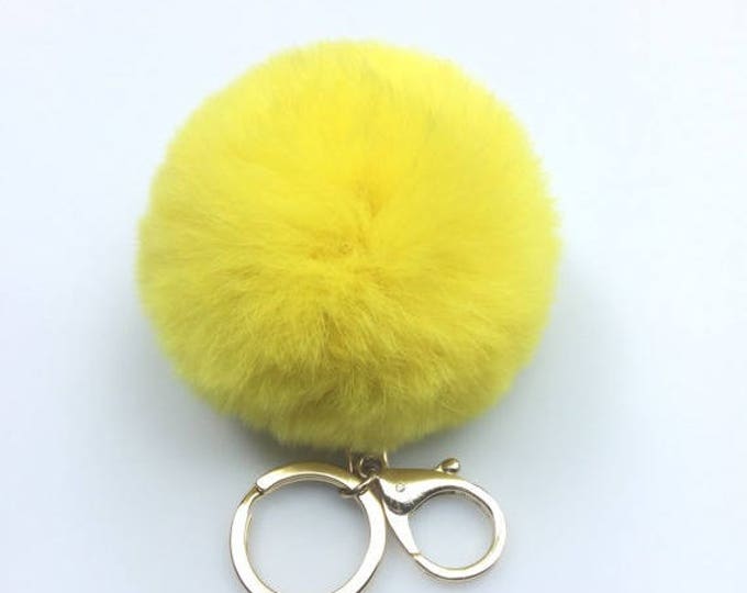 Yellow fur ball key chain fur bagcharm pom pom