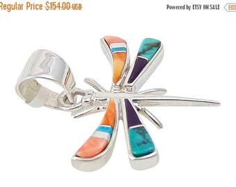 Navajo Silver Spiny Oyster Turquoise Inlay Dragonfly Pendant,Insect Pendant, handmade,Artistic Jewelry, Native American Indian Jewelry,