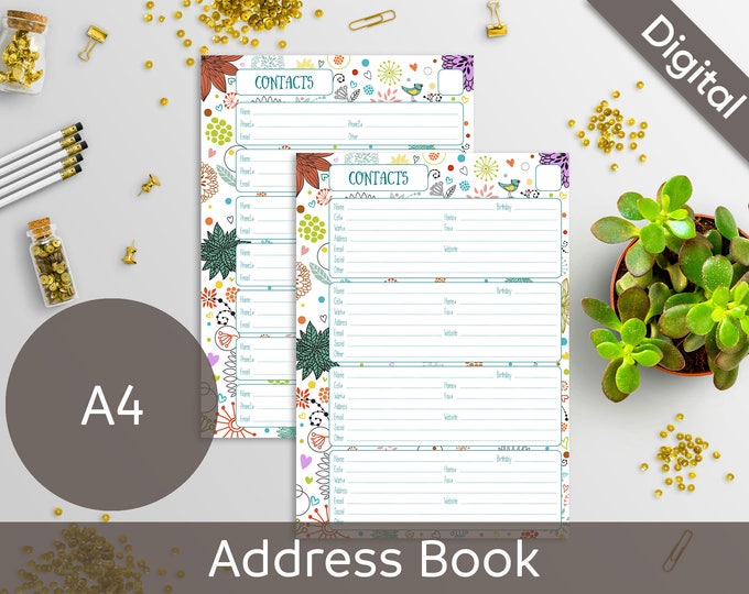 A4 Address Book Pages Printable, Contact Pages, Planner Refill, Insert, 2 layouts, Syasia Cute Floral, DIY Planner PDF Instant Download