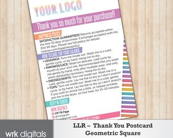 Fashion Consultant Thank You Card, Care Card, Geometric Square Design, PRINTABLE, INSTANT DOWNLOAD