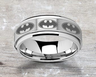 Engraved Batman The Dark Knight Spinner Tungsten Ring Spinning Satin Center Finish & Polished Edges - 8mm - Lifetime Size Exchanges