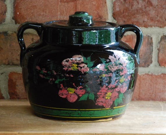 FREE SHIPPING Antique Folk Art Bean Crock Hand Painted