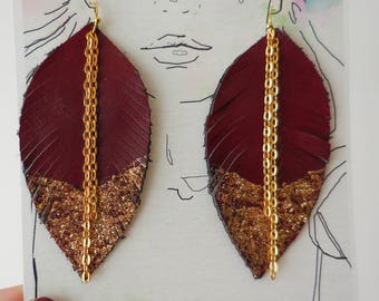 Dark Red Leather Feather Earrings, Dipped in Gold, Feather Earring, Festival Accessories, Blue Feather Earrings, Bohemian, Blue Leather